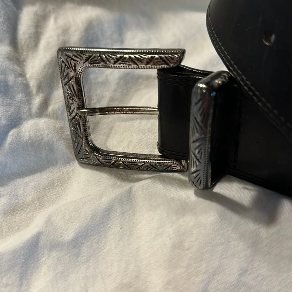 Black Brighton Leather Black with Silver Tone Buckles 37” long